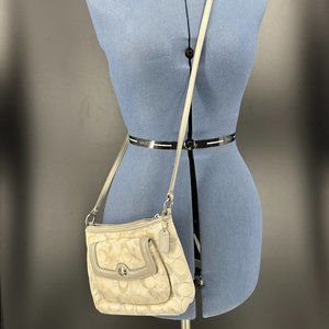 Coach crossbody light gray and silver canvas and leather bag Y2K monogram print